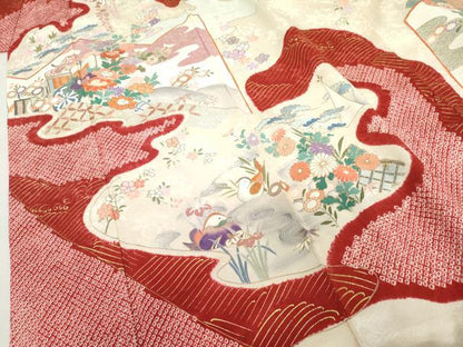 平和屋着物●豪華振袖　絞り　駒刺繍　御所車鴛鴦花文　金彩　正絹　逸品　AABL4229cs