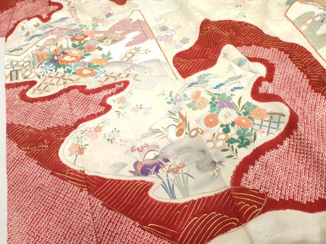 平和屋着物●豪華振袖　絞り　駒刺繍　御所車鴛鴦花文　金彩　正絹　逸品　AABL4229cs