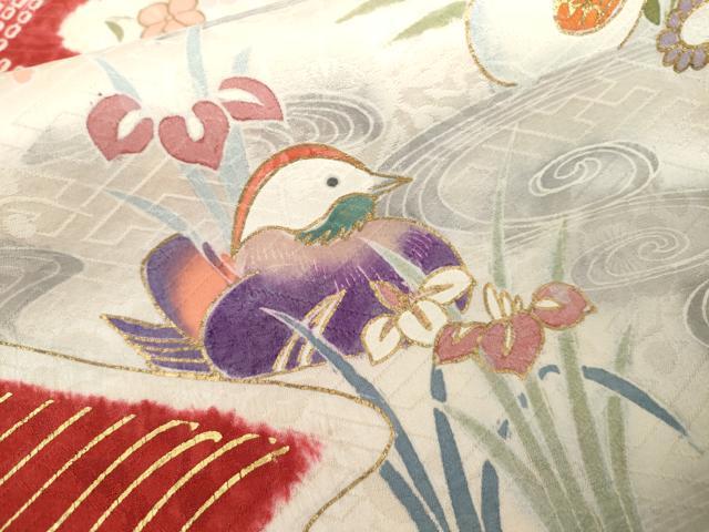 平和屋着物●豪華振袖　絞り　駒刺繍　御所車鴛鴦花文　金彩　正絹　逸品　AABL4229cs