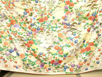平和屋着物●豪華振袖　駒刺繍　檜扇飛鶴草花文　金彩　正絹　逸品　AABL4231cs