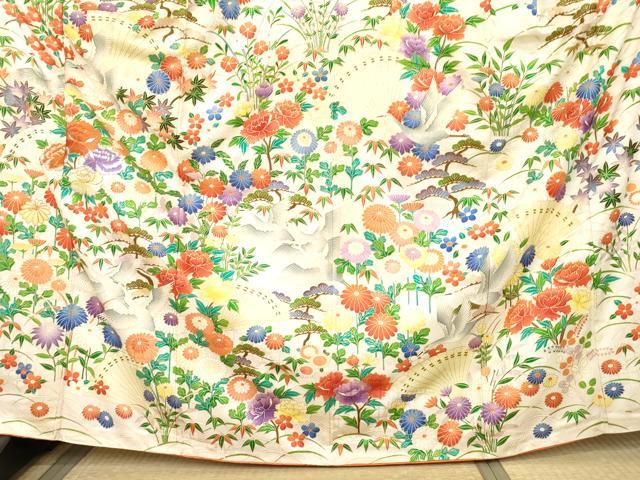 平和屋着物●豪華振袖　駒刺繍　檜扇飛鶴草花文　金彩　正絹　逸品　AABL4231cs