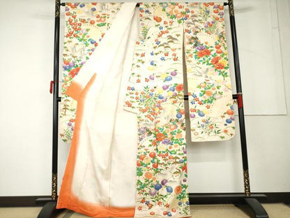 平和屋着物●豪華振袖　駒刺繍　檜扇飛鶴草花文　金彩　正絹　逸品　AABL4231cs