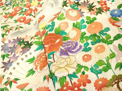 平和屋着物●豪華振袖　駒刺繍　檜扇飛鶴草花文　金彩　正絹　逸品　AABL4231cs