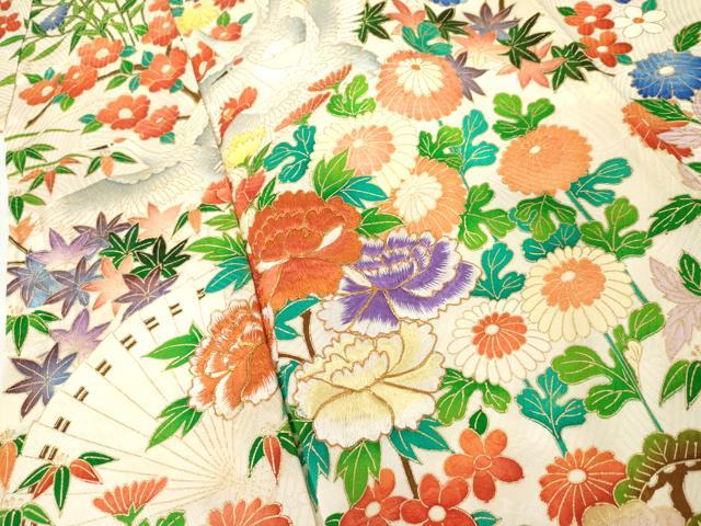 平和屋着物●豪華振袖　駒刺繍　檜扇飛鶴草花文　金彩　正絹　逸品　AABL4231cs