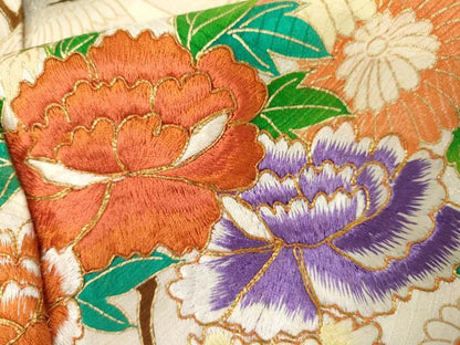 平和屋着物●豪華振袖　駒刺繍　檜扇飛鶴草花文　金彩　正絹　逸品　AABL4231cs