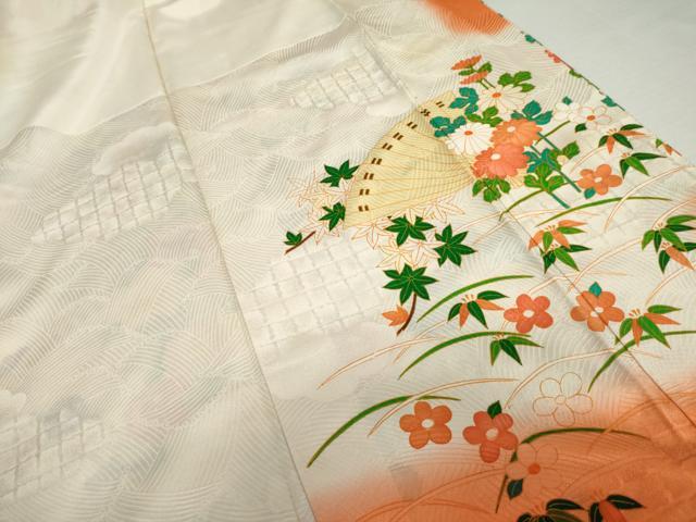 平和屋着物●豪華振袖　駒刺繍　檜扇飛鶴草花文　金彩　正絹　逸品　AABL4231cs