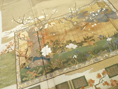 平和屋着物●中国三大刺繍　スワトウ刺繍　汕頭刺繍　色留袖　花鳥風景文　金彩　正絹　逸品　AABL4234cs