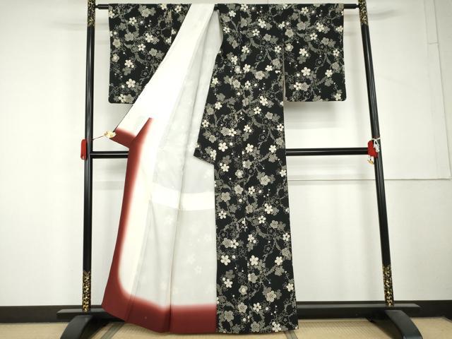 平和屋着物●京都老舗銘店・に志田　小紋　枝梅　黒地　鬼しぼ縮緬　たとう紙付き　正絹　逸品　AABL4237cs