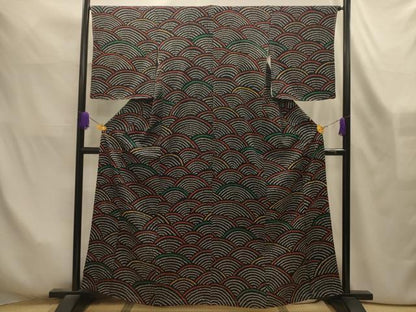 平和屋着物■上質な小紋　絞り　立波文　黒地　正絹　逸品　AABL4246sx