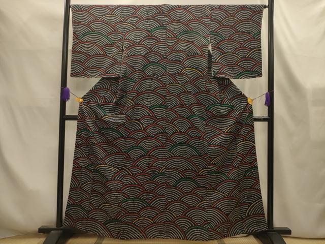 平和屋着物■上質な小紋　絞り　立波文　黒地　正絹　逸品　AABL4246sx