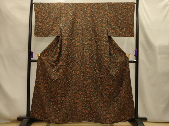 平和屋着物■上質な小紋　更紗花文　鬼しぼ縮緬　正絹　逸品　AABL4299sx