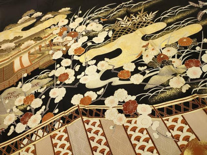 平和屋着物■豪華黒留袖　駒刺繍　松竹梅風景文　正絹　逸品　AABL4328sx