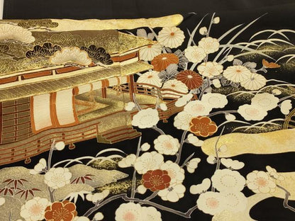 平和屋着物■豪華黒留袖　駒刺繍　松竹梅風景文　正絹　逸品　AABL4328sx