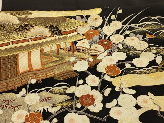 平和屋着物■豪華黒留袖　駒刺繍　松竹梅風景文　正絹　逸品　AABL4328sx