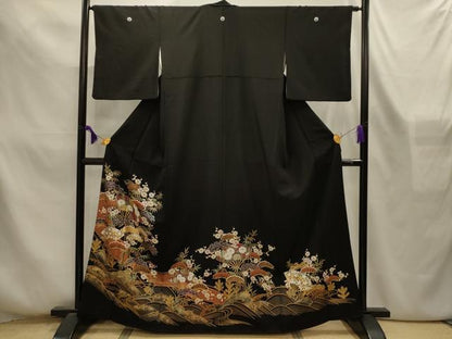 平和屋着物■黒留袖　松竹梅立波扇面花文　金銀彩　洗える着物　AABL4339sx