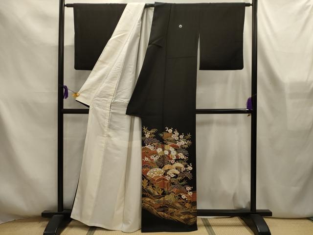 平和屋着物■黒留袖　松竹梅立波扇面花文　金銀彩　洗える着物　AABL4339sx