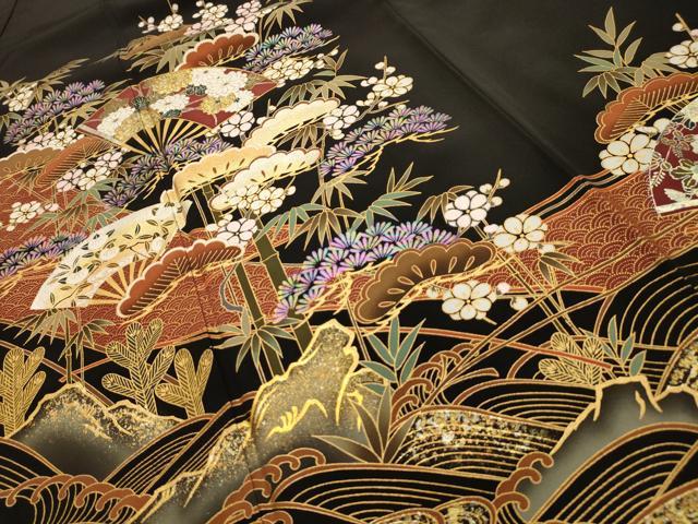 平和屋着物■黒留袖　松竹梅立波扇面花文　金銀彩　洗える着物　AABL4339sx