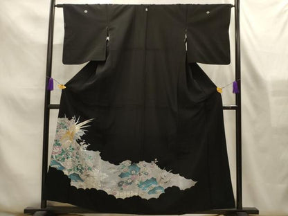 平和屋着物■黒留袖　刺繍　松竹梅花鳥文　金銀糸　銀彩　洗える着物　AABL4347sx
