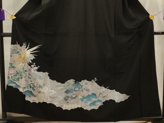 平和屋着物■黒留袖　刺繍　松竹梅花鳥文　金銀糸　銀彩　洗える着物　AABL4347sx