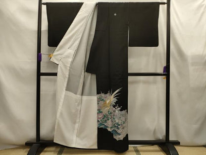 平和屋着物■黒留袖　刺繍　松竹梅花鳥文　金銀糸　銀彩　洗える着物　AABL4347sx