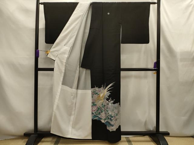 平和屋着物■黒留袖　刺繍　松竹梅花鳥文　金銀糸　銀彩　洗える着物　AABL4347sx