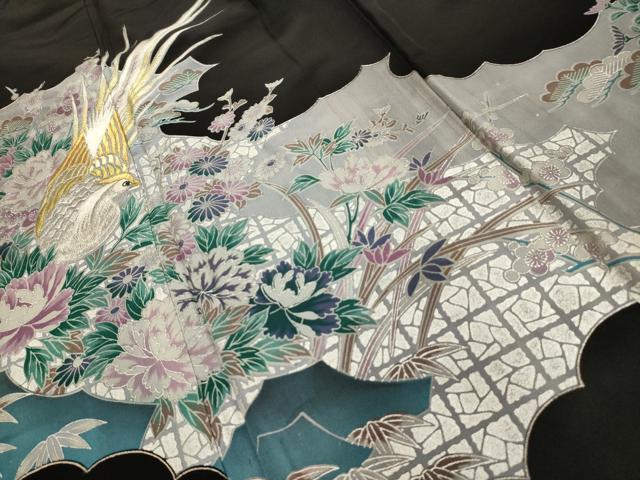 平和屋着物■黒留袖　刺繍　松竹梅花鳥文　金銀糸　銀彩　洗える着物　AABL4347sx
