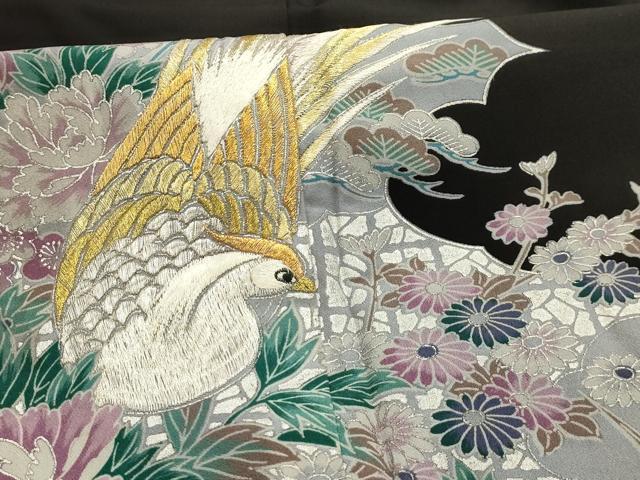 平和屋着物■黒留袖　刺繍　松竹梅花鳥文　金銀糸　銀彩　洗える着物　AABL4347sx