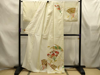 平和屋着物▽訪問着　単衣　扇面松花文　金彩　洗える着物　AABL4349sx