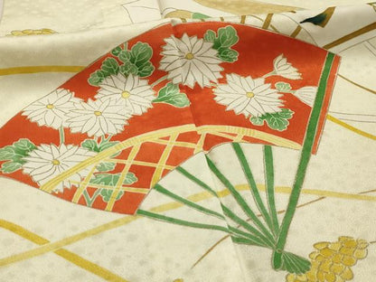 平和屋着物▽訪問着　単衣　扇面松花文　金彩　洗える着物　AABL4349sx