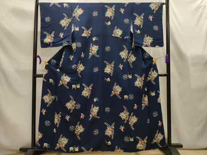 平和屋着物■上質な小紋　型染め　花鳥文　鬼しぼ縮緬　正絹　逸品　AABL4354sx