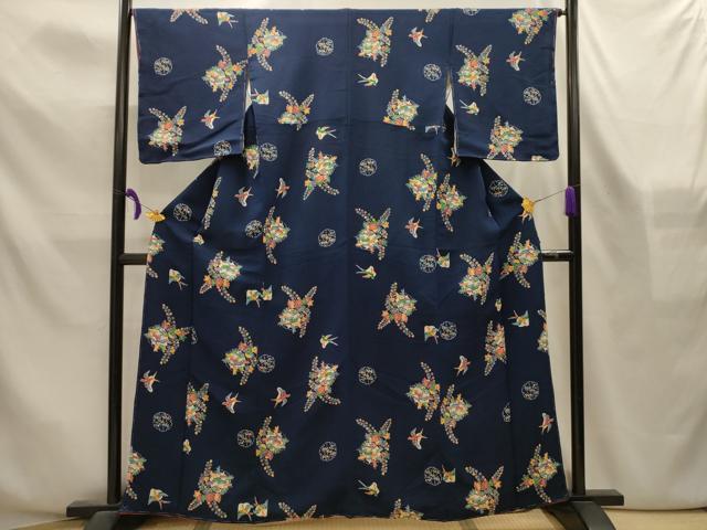 平和屋着物■上質な小紋　型染め　花鳥文　鬼しぼ縮緬　正絹　逸品　AABL4354sx