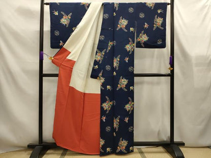 平和屋着物■上質な小紋　型染め　花鳥文　鬼しぼ縮緬　正絹　逸品　AABL4354sx