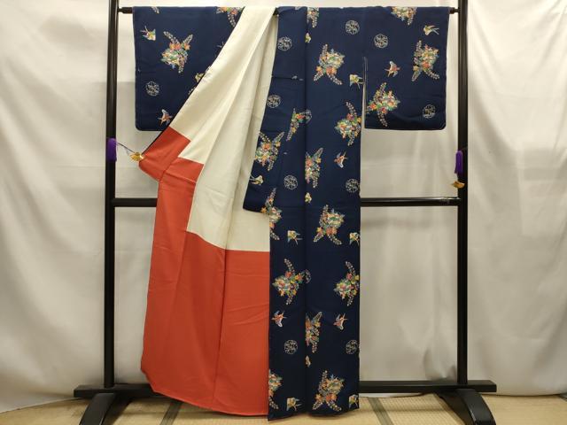平和屋着物■上質な小紋　型染め　花鳥文　鬼しぼ縮緬　正絹　逸品　AABL4354sx