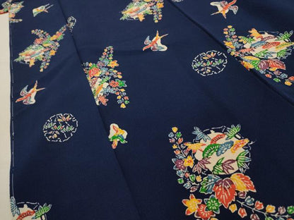 平和屋着物■上質な小紋　型染め　花鳥文　鬼しぼ縮緬　正絹　逸品　AABL4354sx