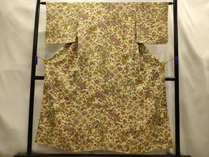 平和屋着物■上質な小紋　花風景文　鬼しぼ縮緬　正絹　逸品　AABL4372sx