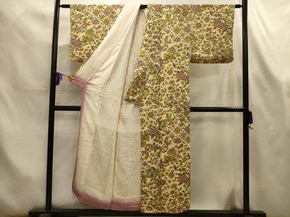 平和屋着物■上質な小紋　花風景文　鬼しぼ縮緬　正絹　逸品　AABL4372sx