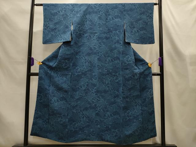 平和屋着物■上質な小紋　藍　型染め　風景文　鬼しぼ縮緬　正絹　逸品　AABL4380sx