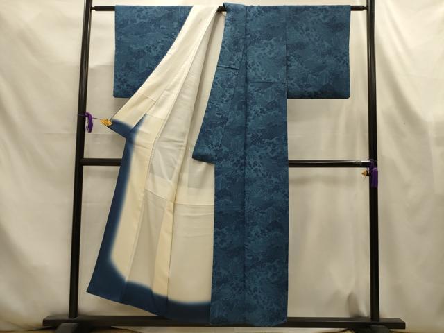 平和屋着物■上質な小紋　藍　型染め　風景文　鬼しぼ縮緬　正絹　逸品　AABL4380sx