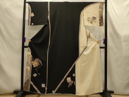 平和屋着物■訪問着　作家物　駒刺繍　糸巻花蝶宝尽くし　暈し染め　黒地　金彩　正絹　逸品　AABL4382sx