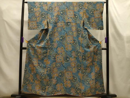 平和屋着物■上質な小紋　更紗花絵皿文　鬼しぼ縮緬　正絹　逸品　AABL4403sx
