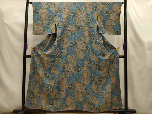 平和屋着物■上質な小紋　更紗花絵皿文　鬼しぼ縮緬　正絹　逸品　AABL4403sx