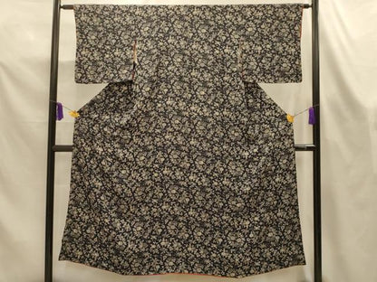 平和屋着物■上質な小紋　型染め　花鳥文　黒地　正絹　逸品　AABL4404sx