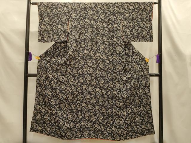 平和屋着物■上質な小紋　型染め　花鳥文　黒地　正絹　逸品　AABL4404sx