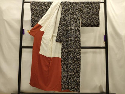 平和屋着物■上質な小紋　型染め　花鳥文　黒地　正絹　逸品　AABL4404sx