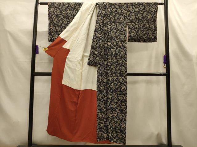 平和屋着物■上質な小紋　型染め　花鳥文　黒地　正絹　逸品　AABL4404sx