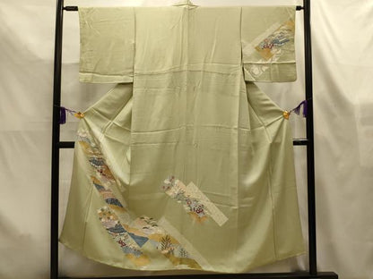 平和屋着物■訪問着　駒刺繍　松竹梅風景文　金彩　正絹　逸品　AABL4465sx