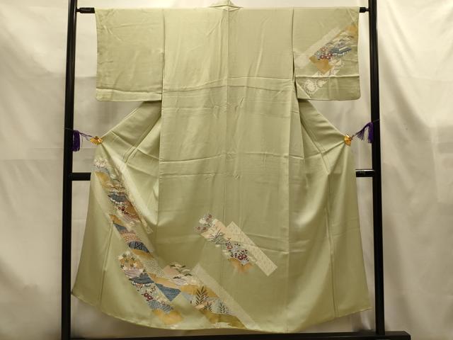 平和屋着物■訪問着　駒刺繍　松竹梅風景文　金彩　正絹　逸品　AABL4465sx