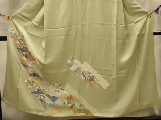 平和屋着物■訪問着　駒刺繍　松竹梅風景文　金彩　正絹　逸品　AABL4465sx
