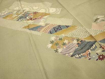 平和屋着物■訪問着　駒刺繍　松竹梅風景文　金彩　正絹　逸品　AABL4465sx