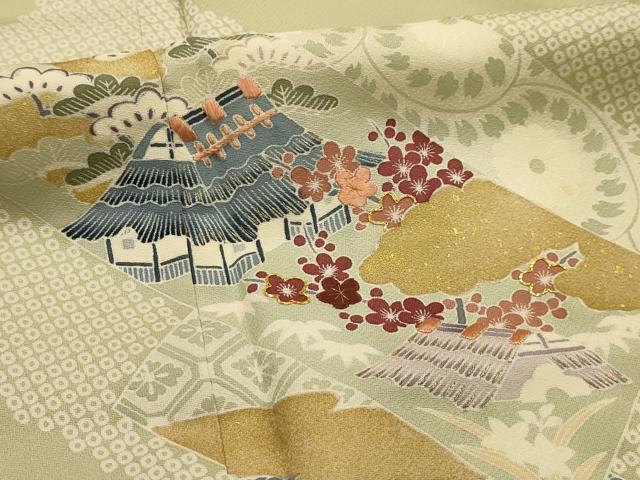 平和屋着物■訪問着　駒刺繍　松竹梅風景文　金彩　正絹　逸品　AABL4465sx